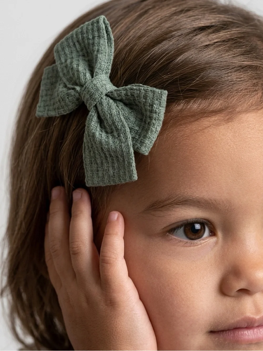 Handmade Sage Green Waffle Knit Hair Bow Clips Set of 2